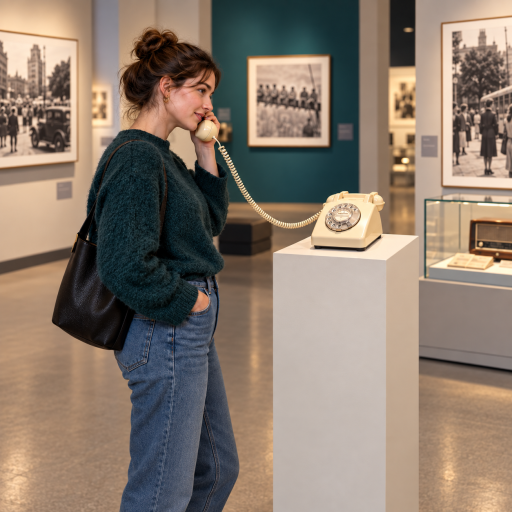 Besucherin nutzt eine Telefonhörstation mit Wählscheibentelefon im Museum