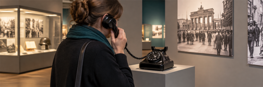 Besucherin nutzt die Telefonhörstation VINTAGE mit historischem Wählscheibentelefon im Museum