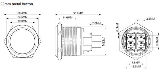 22mm metal button dimension